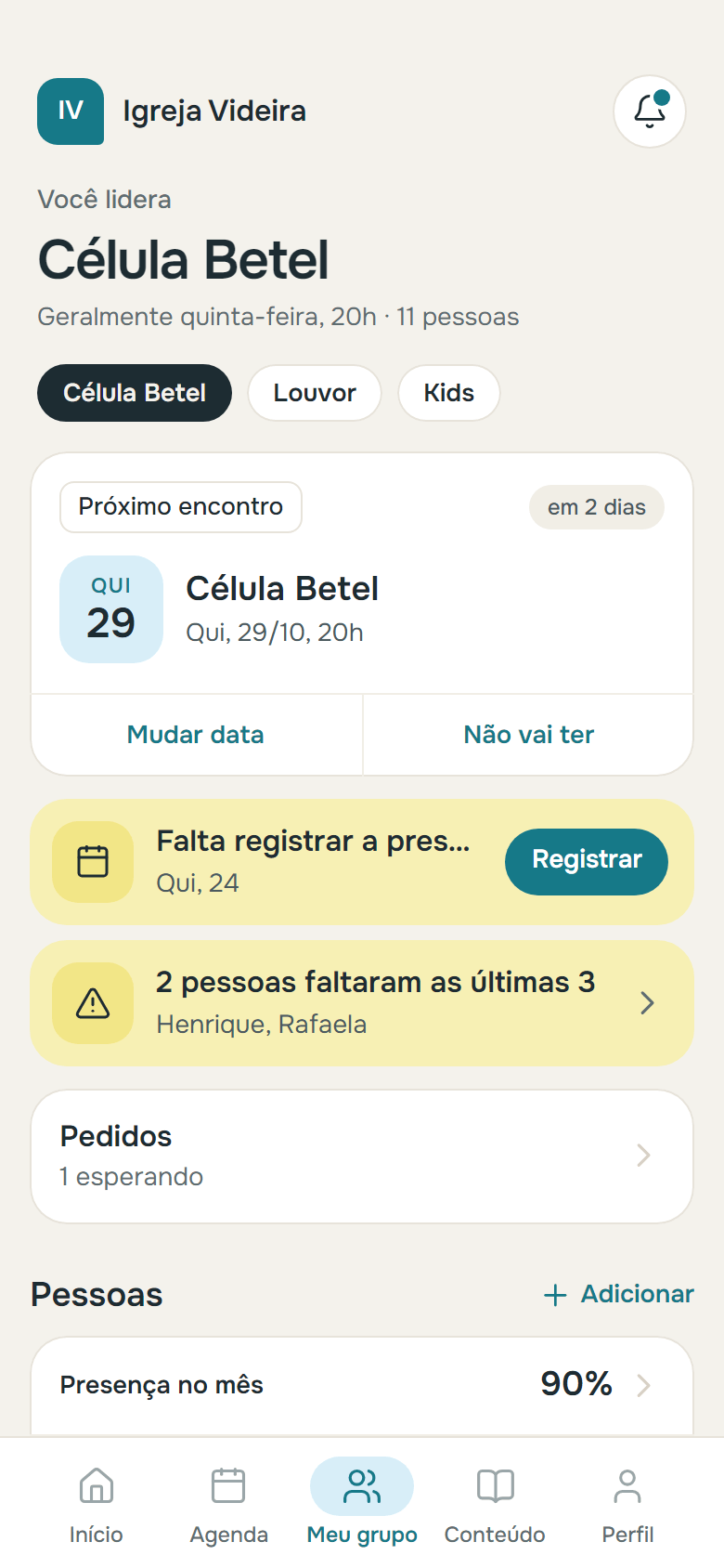 Tela do líder de célula: próximo encontro, quem faltou e as pessoas da célula