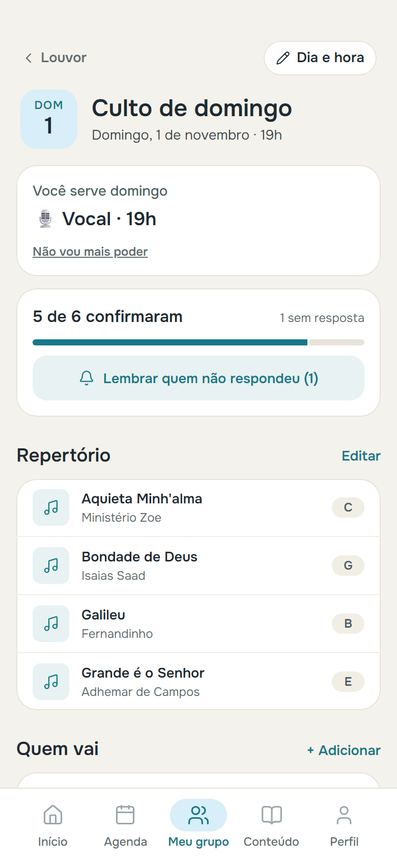 Uma escala do louvor com o repertório e quem vai