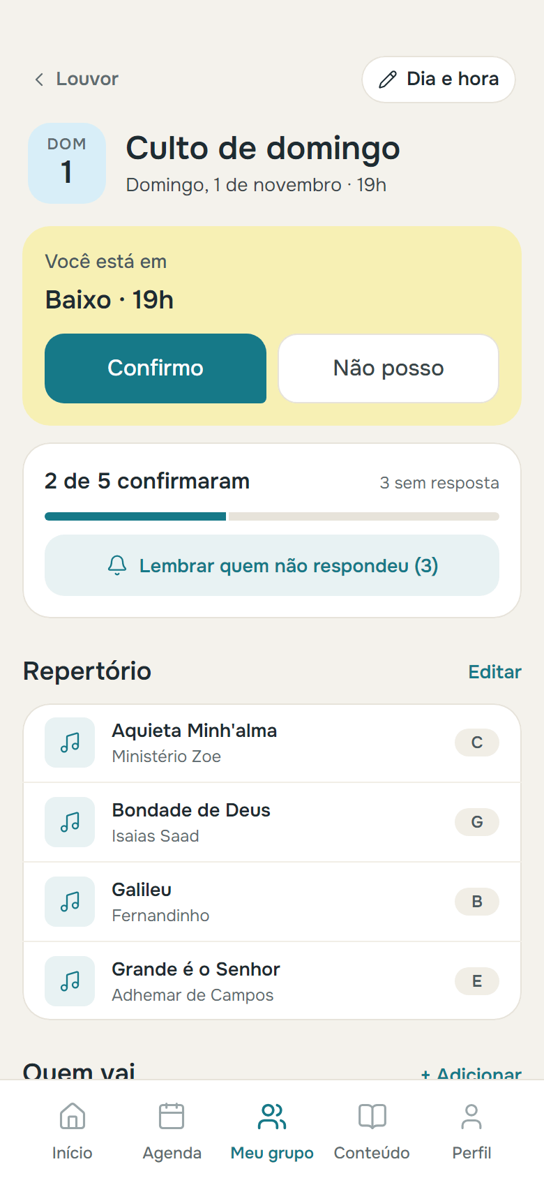 Uma escala do louvor com o repertório e quem vai
